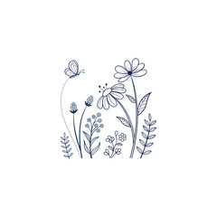 Blue flower vector floral background with butterflies