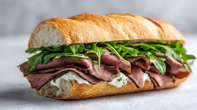A mouthwatering roast beef sandwich filled with fresh arugula on a crusty baguette.