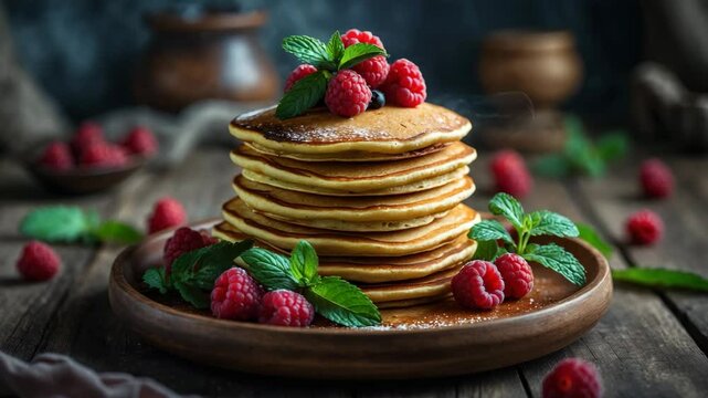 pancakes topped with berries and mint leaves