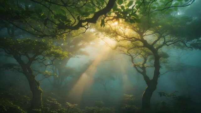 brilliant light cutting through the murky fog and leaves, canopy enveloped in mist, lush green woodland