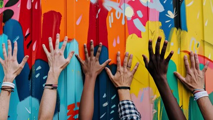 Diverse hands reaching towards vibrant mural art in urban setting showcasing creativity and community connection - Powered by Adobe