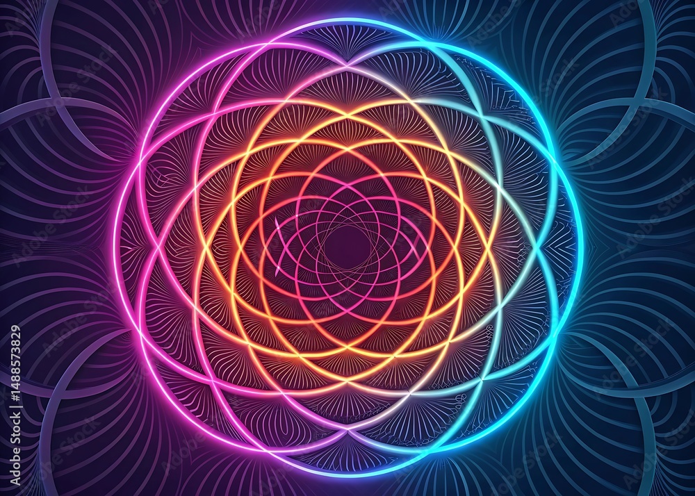 Poster abstract neon gradient spiral design with glowing lines on a dark background
