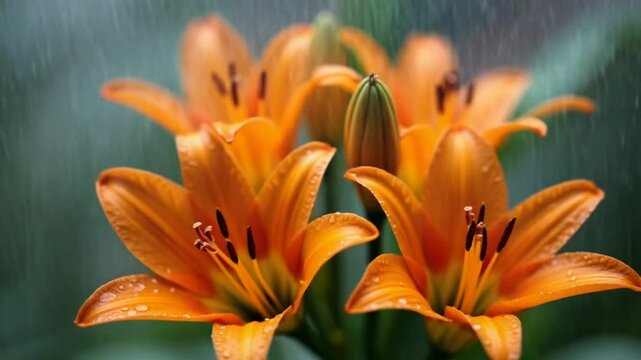 Orange lily flowers under rain close up