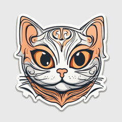 Decorative cartoon cat head sticker illustration with big amber eyes and intricate ornamental lines. Symmetrical stylized feline face on light background, ideal for stickers or prints.