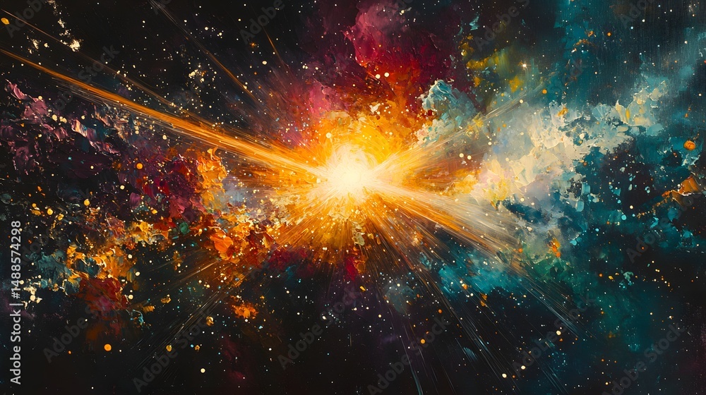 Poster a vibrant cosmic burst illuminates the nebula, streaking light across space. nebulous colors blend, 