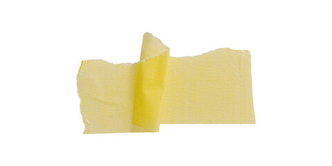 Yellow painter's tape isolated on white background, macro. Torn, crumpled, twisted strips of yellow painter's tape on white background, close-up.