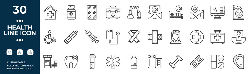 Set of 30 outline icons related to healthcare, medical, medicine. Linear icon collection. Vector illustration
