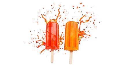 Two popsicles with splashes of orange and red, isolated on a white background, convey a sense of summer coolness , cut out