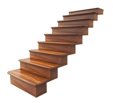 Wooden staircase floating on transparent background reaching upwards