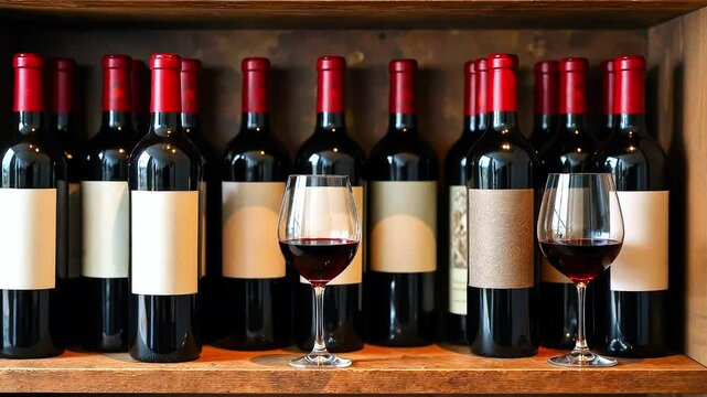 Glass with red wine stands on wooden surface in wine cellar, bottles with wine. Winery concept, bar and shop banner, alcohol industry