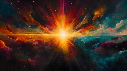 Witness a cosmic spectacle! A vibrant supernova explodes, casting radiant light through swirling nebulae. A painterly vision of energy and grandeur, Astronomy and Galaxy backgrounds.
