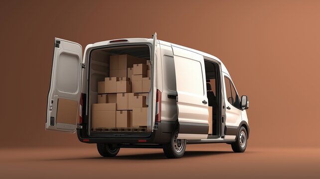 Delivery van loaded with cardboard boxes, rear doors open. Transportation and moving concept