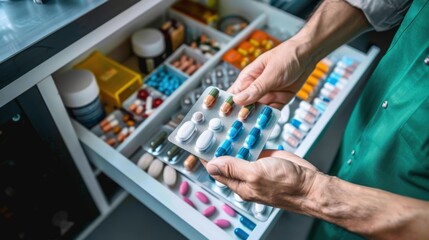 Pharmacist holding blister pack of pills in pharmacy drawer