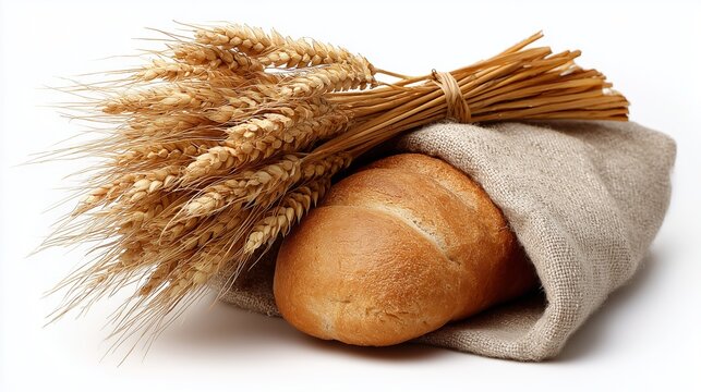 Wheat ear bundle and prosphora loaf for Russian Maslenitsa celebration on white background