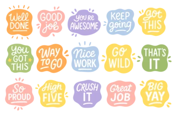 Fotobehang Positive Typography Bright hand-drawn lettering stickers with motivational words and phrases on colorful speech bubbles.  © exxxistence