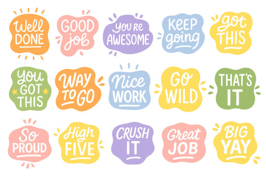 Bright hand-drawn lettering stickers with motivational words and phrases on colorful speech bubbles.
