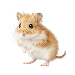 A cute small golden hamster stands against a plain white background alone now.