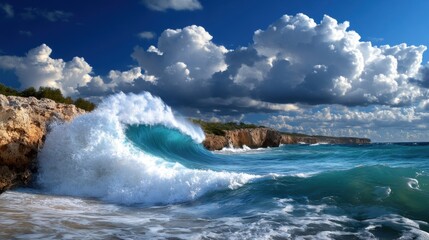 Turquoise waves crash against rocky cliffs along the coastline, while fluffy clouds gather in the sky at sunset, creating a beautiful and tranquil coastal view