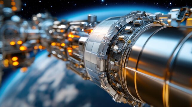 Detailed view of a spacecraft component showcasing high-tech engineering and design. Orbiting Earth, it highlights human innovation and exploration of space