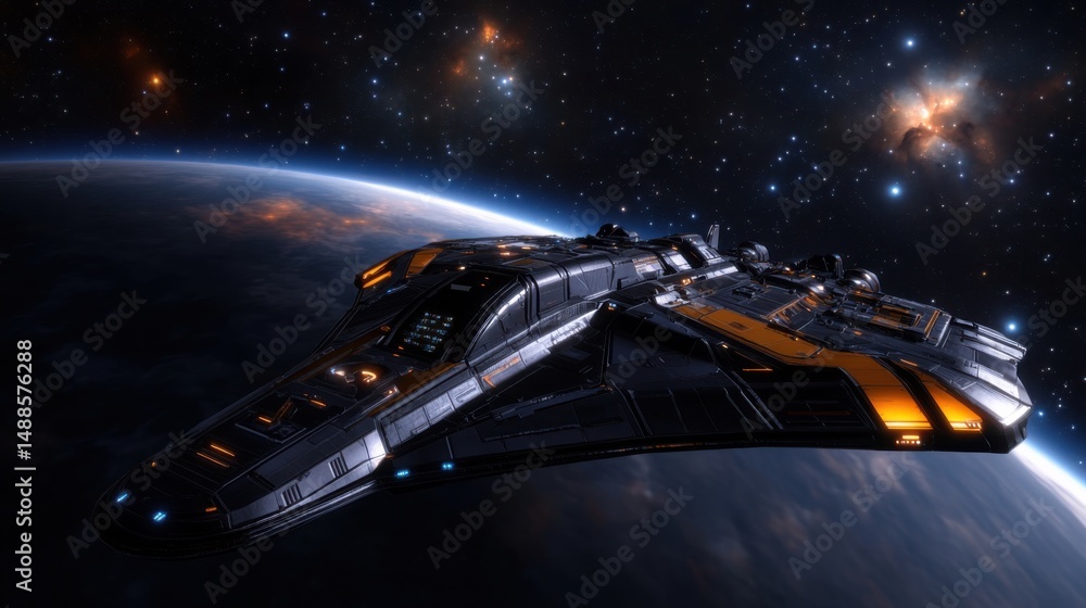 Poster a sleek spaceship moves gracefully above a colorful planet while surrounded by twinkling stars and n