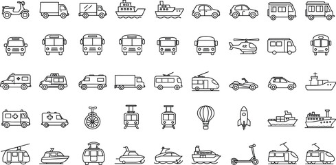 Vehicle Line Editable Icons set. Vector illustration in modern thin line style of transport icons types: taxi, train, helicopter, bus, ship, plane, tram and more.