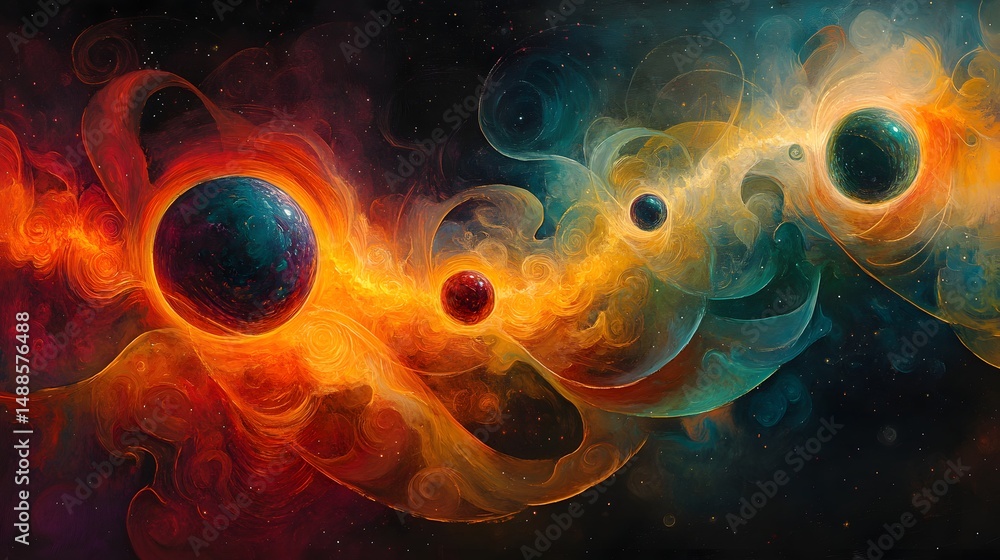 Aufkleber cosmic planets display vibrant nebulae. turquoise, blue, and teal orbs float in deep space, surround