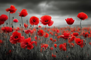 Obraz premium Vibrant Red Poppies Bloom in a Field Under a Dramatic Sky During the Early Evening Hours