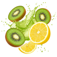 Fototapeta premium Kiwi and Lemon Slice with Splash on Transparent Background