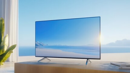 Fototapeta premium Modern living room interior, television on stand with decorative plant modern