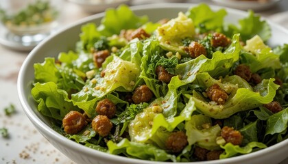 A close up of a bowl of fresh salad with lettuce and small brown balls in a white ceramic bowl
