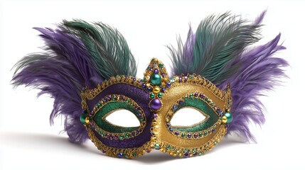 Mardi Gras feather mask decorated with purple, green, and gold beads against a white background