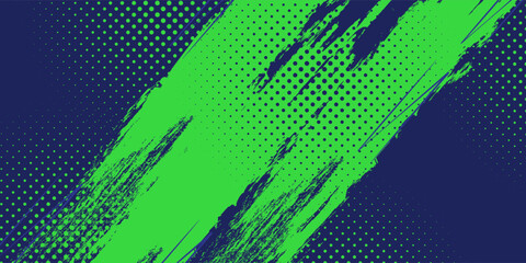 Abstract green brush stroke with halftone dots on dark blue background, dynamic grunge texture design.