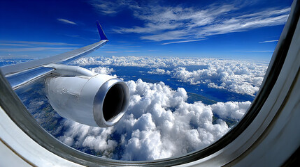 Stunning view of clouds and landscape from an airplane window during a bright daylight flight