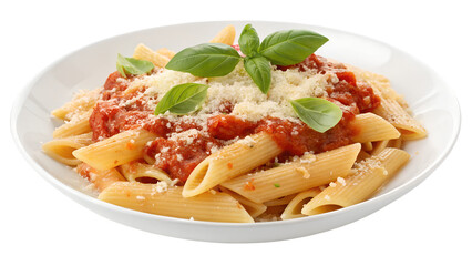 Delicious pasta dish with fresh basil and rich tomato sauce served on a clean white plate, evoking a rustic Italian experience perfect for any occasion Generative AI png