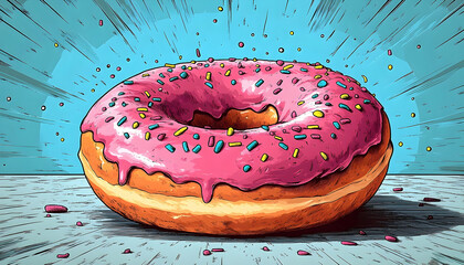 Bright, cartoonish donut with pink frosting and colorful sprinkles on a wood surface with burst background