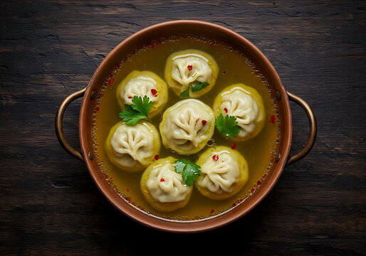 Ultra-realistic close-up of a steaming bowl of dushbara (Azerbaijani meat dumplings) floating in golden broth, isolated on rustic dark wood background, garnished with fresh herbs and red pepper flakes