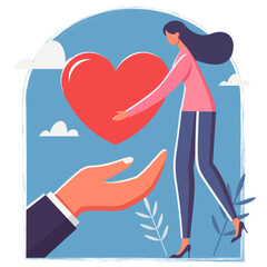 woman giving heart to hand. Vector illustration.