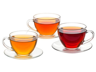 Elegant tea collection with amber, ruby, and golden hues displayed in delicate glass cups on polished saucers Generative AI  tea, beverage, collection, cups, glass, amber, ruby, golden, saucers,