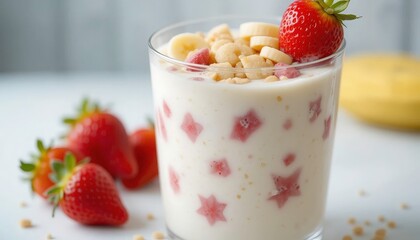 A glass of strawberry banana smoothie topped with sliced bananas and a fresh strawberry on the rim