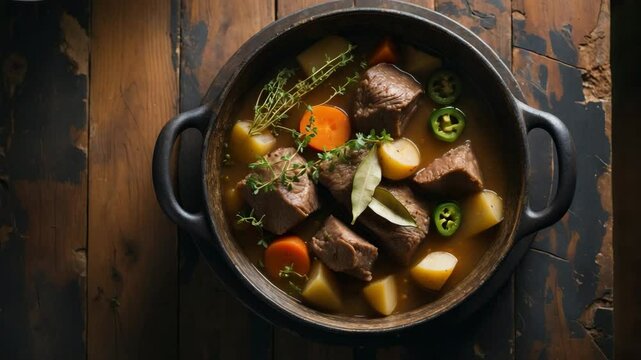 Traditional oxtail stew with vegetables, thyme, bay leaf, garlic, and jalapeno pepper bits in a cooking vessel on a wooden surface, aerial view