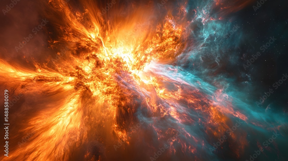 Poster a mesmerizing nebula explodes with color! fiery orange contrasts with cool turquoise, stars sparkle 