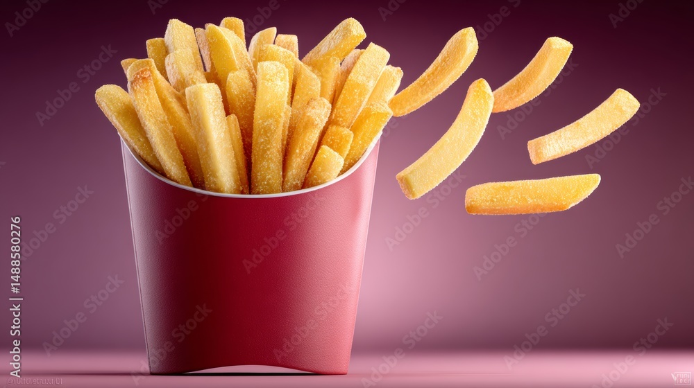 Poster close up of a red container filled with french fries. the fries are flying out of the container, cre