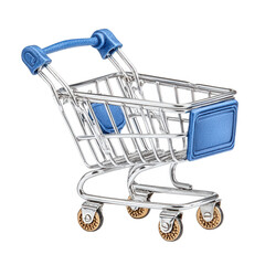 Small shopping cart with blue accents stands on white studio background