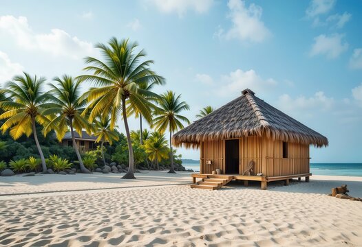 Tropical beach hut surrounded by palm trees at a serene shoreline during daylight