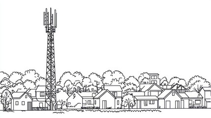 Cell tower in residential area, trees background, communication infrastructure illustration