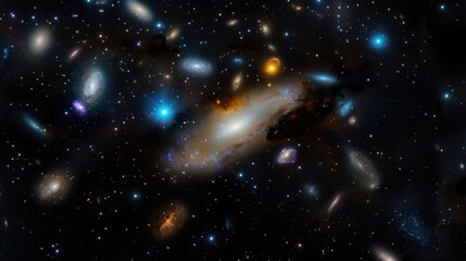 Fototapeta premium In the depths of space, a magnificent galaxy showcases a variety of celestial bodies, including bright stars and colorful nebulae, surrounded by countless galaxies