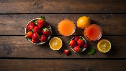 Top view of fresh strawberries, orange juice, and citrus fruits on rustic wooden table. Healthy eating concept