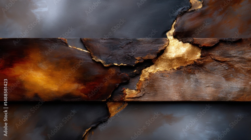 Poster this artwork displays a unique blend of warm colors and metallic textures, creating a striking visua