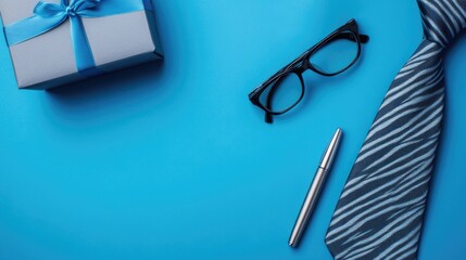 Father's Day Flat Lay Design, Bright Blue Background with Grey Gift Box and Blue Ribbon, Black Glasses Silver Pen, Navy Striped Tie, Modern Corporate Gift Set, Office Desk Decor