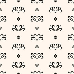 Simple minimalist floral pattern. Minimal seamless texture with small flower shapes. Abstract black and white geometric background. For print, package